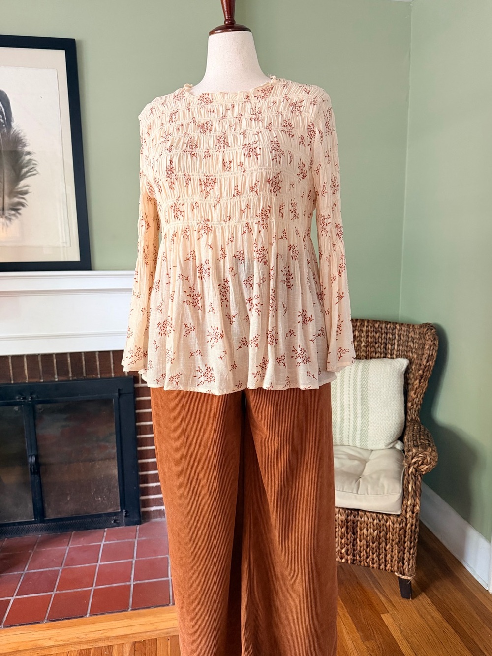 Adiva Cream and Burgundy Floral Smocked Boho Peasant Blouse - Size Large